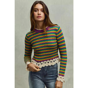 Mardi Gras Striped Cropped Knit Top with Crochet Edge